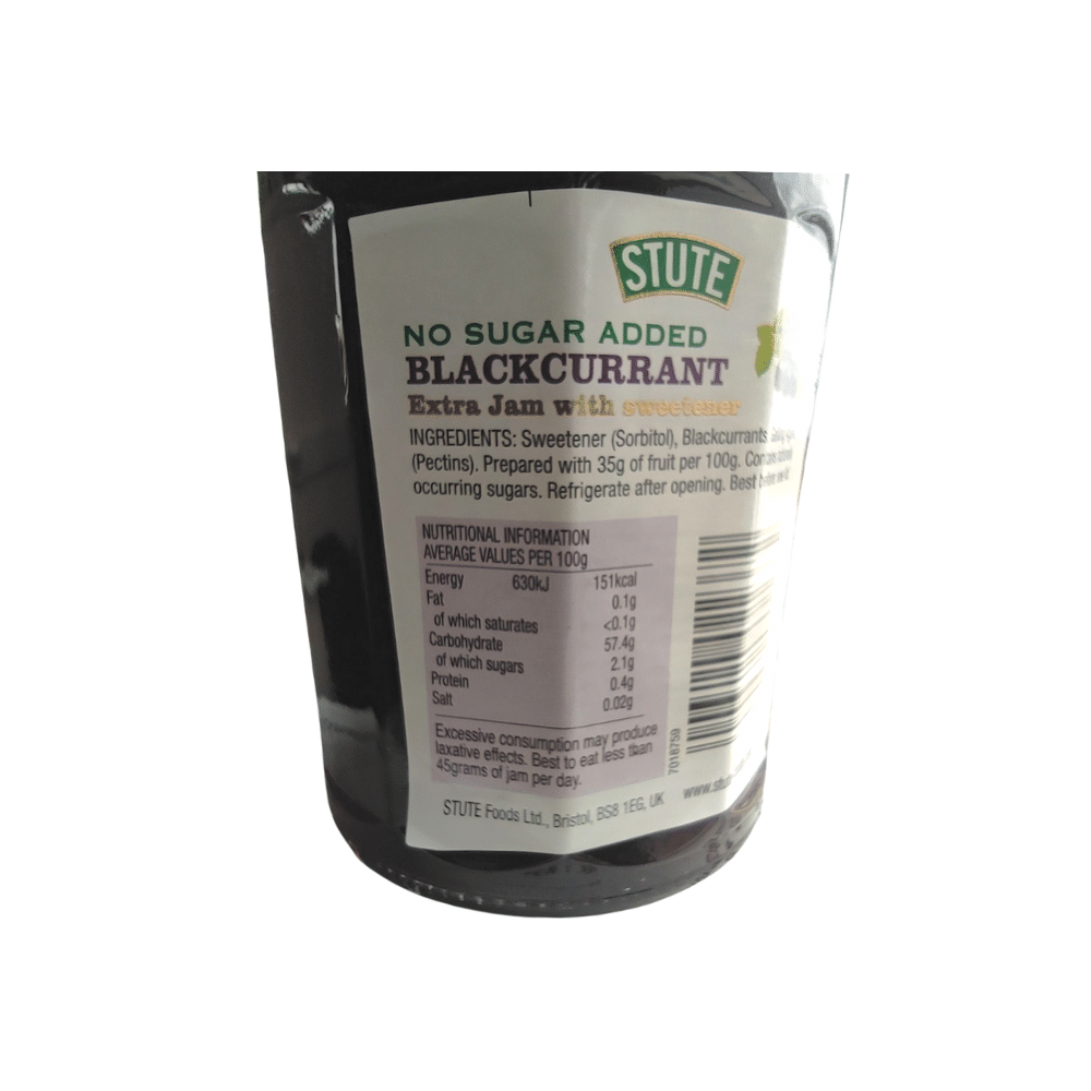 Stute No Sugar Added Blackcurrant Extra Jam 430g x 6 Label