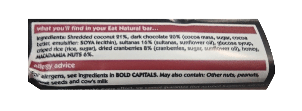 Eat Natural Fruit & Nut Bar Dark Chocolate with Cranberries and Macadamias 45g Label (1)
