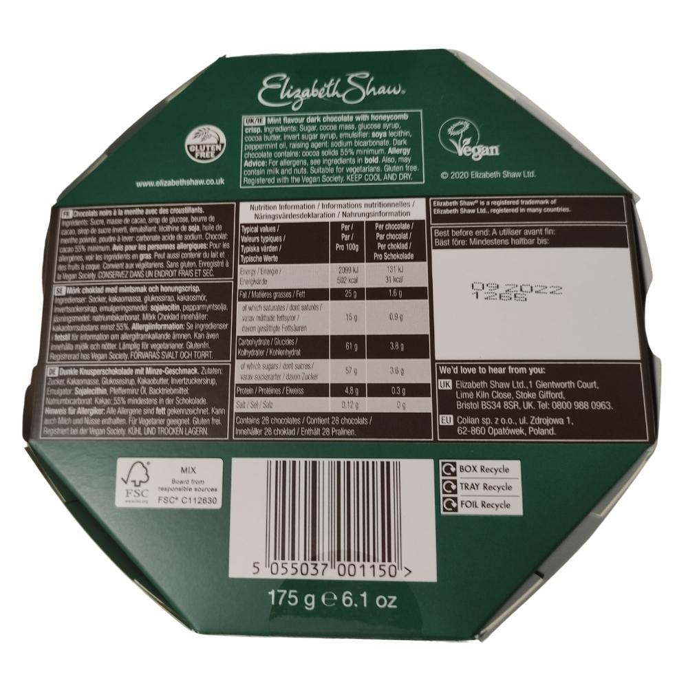 Elizabeth Shaw Dark Chocolate Mint Crisp 175g x 8 Label