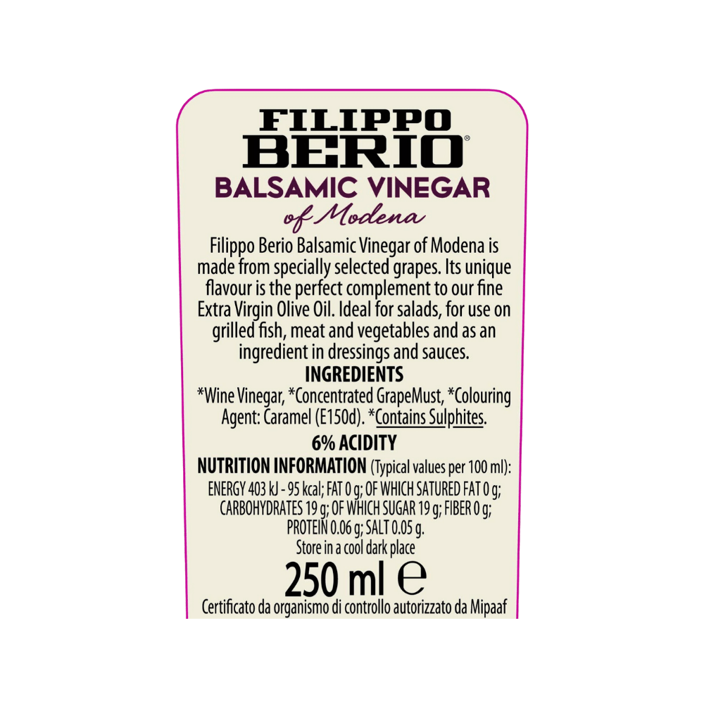 Filippo Berio Balsamic Vinegar of Modena 250ml x 6 Label