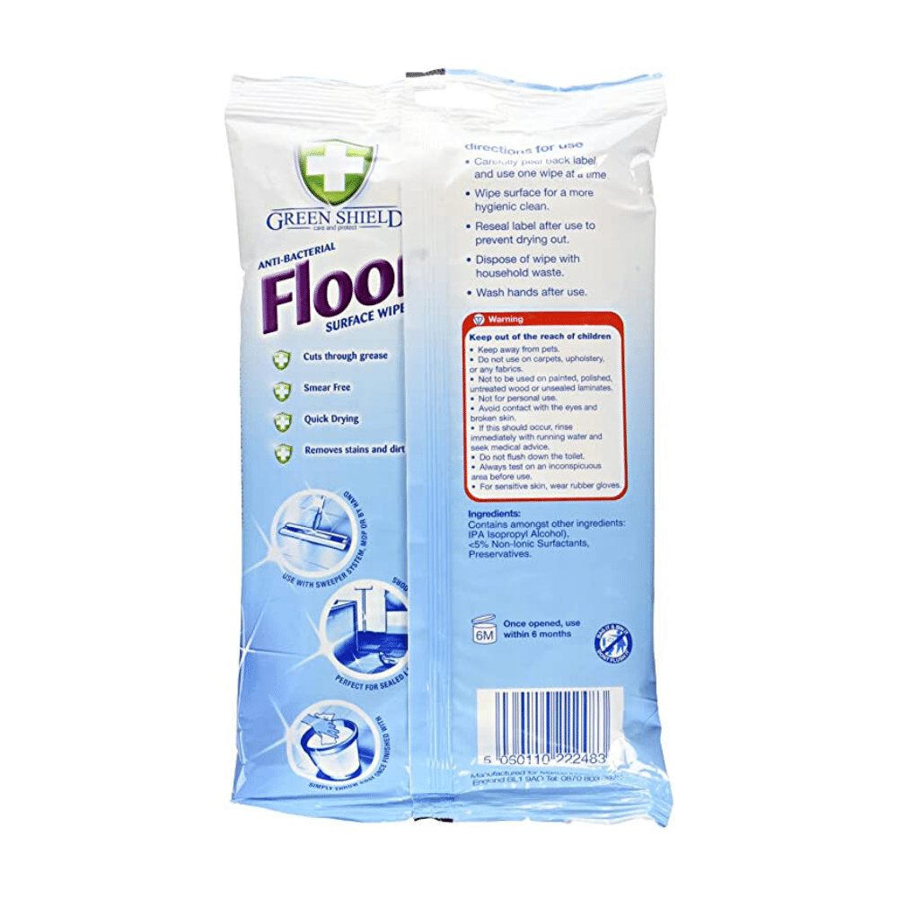 Green Shield Antibacterial Floor Wipes 24 Sheets Label