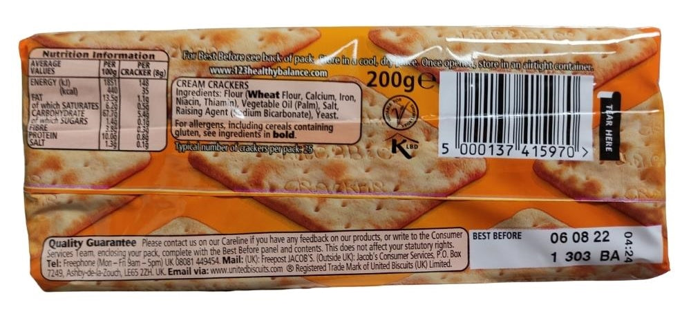 Jacob's Cream Crackers 200g x 24 Label