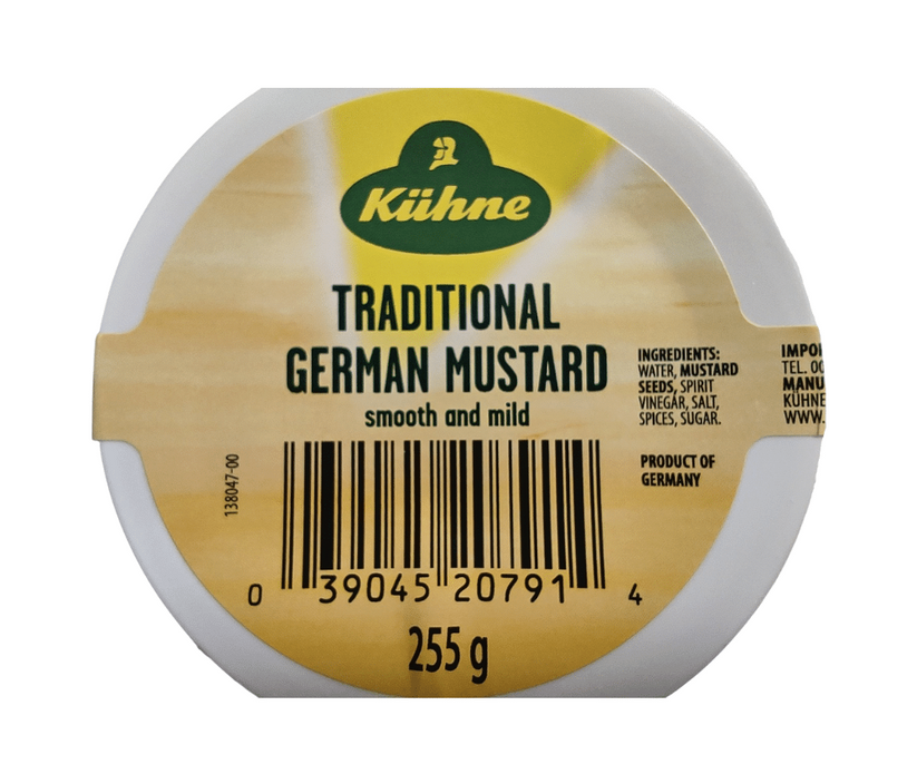 Kuhne Traditional Smooth & Mild German Mustard in Beer Mug Glass Jar 255g x 15 Label