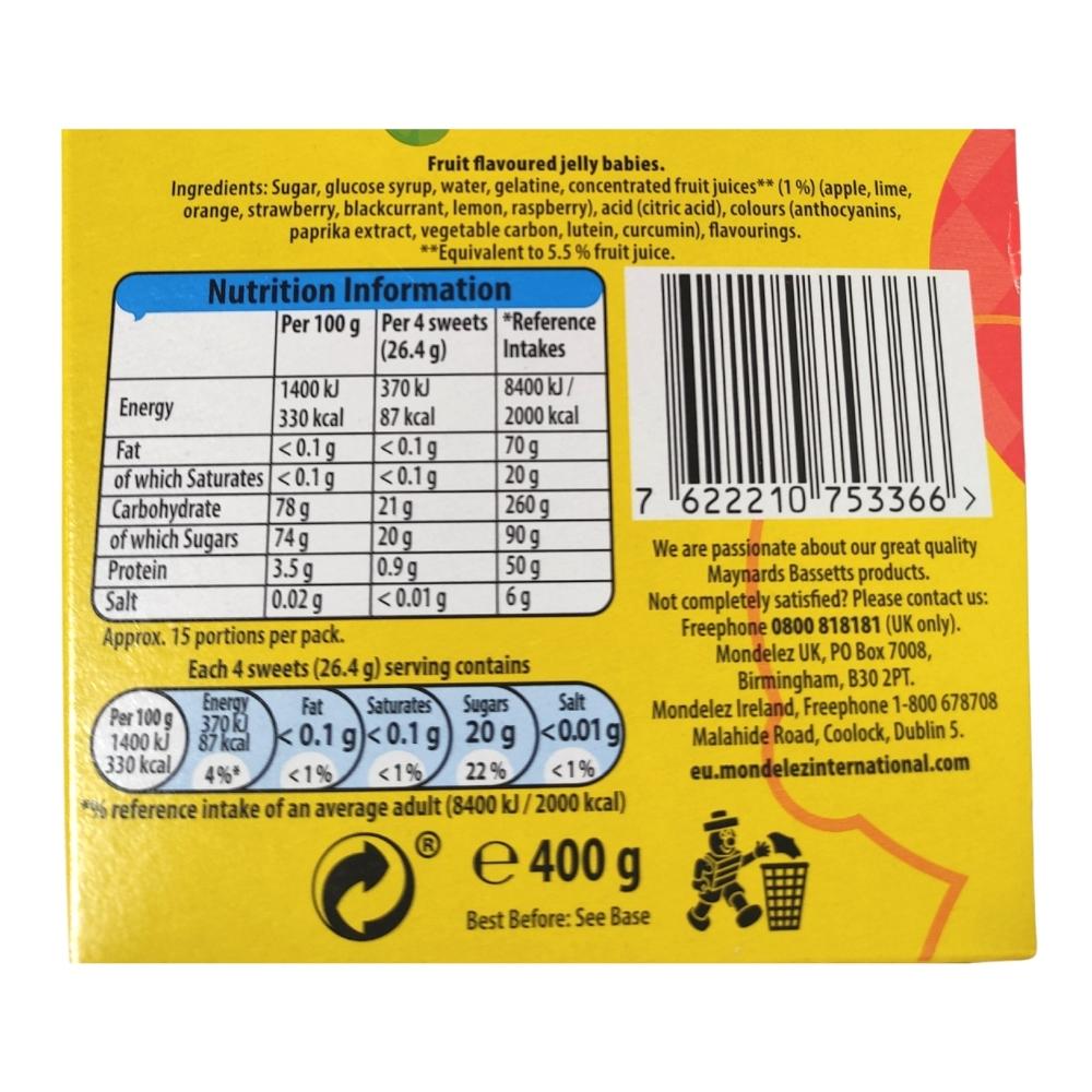 Maynards Bassetts Jelly Babies Sweets Carton 400g x 6 Label